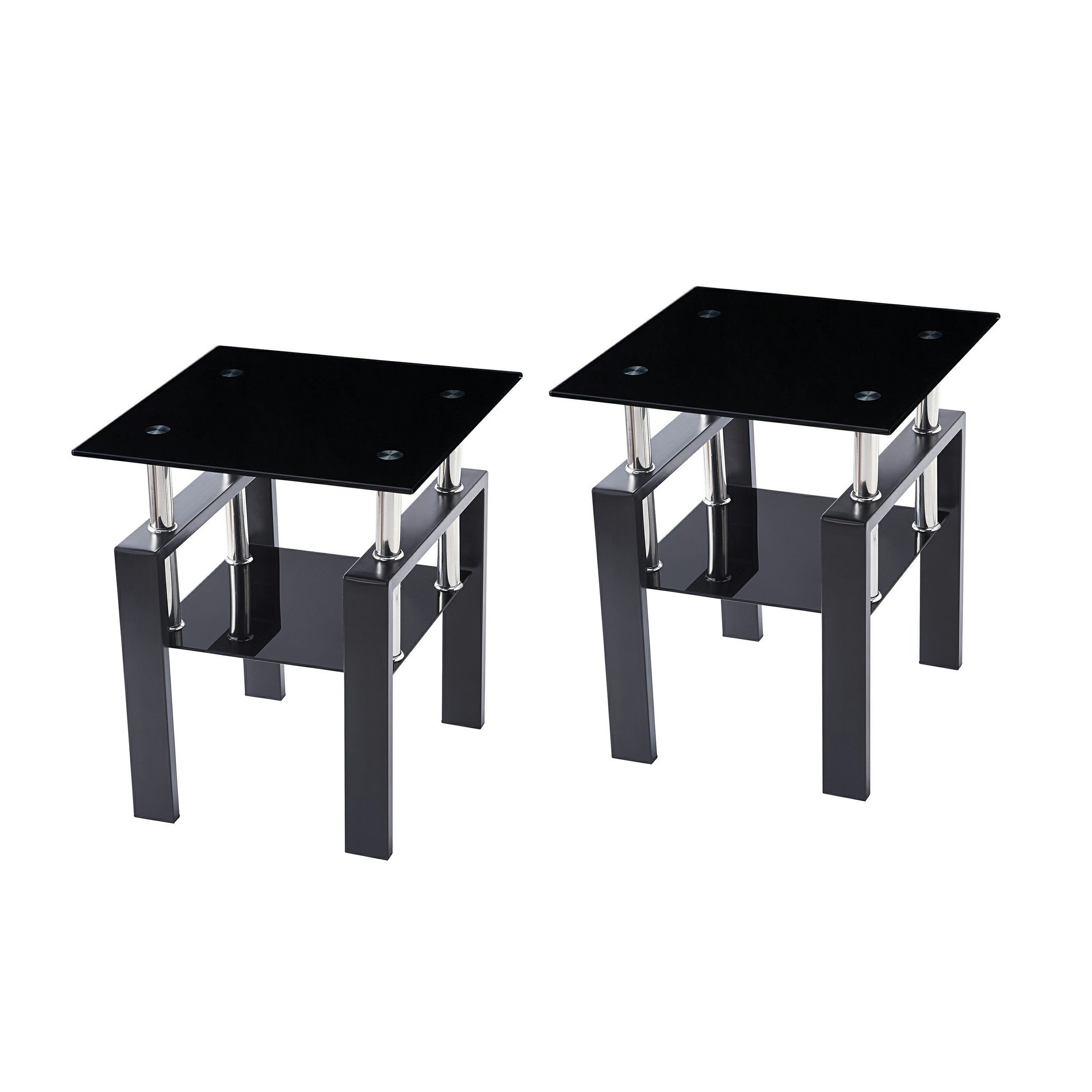 Set of Two Black Glass and Steel Square End Tables With Shelf