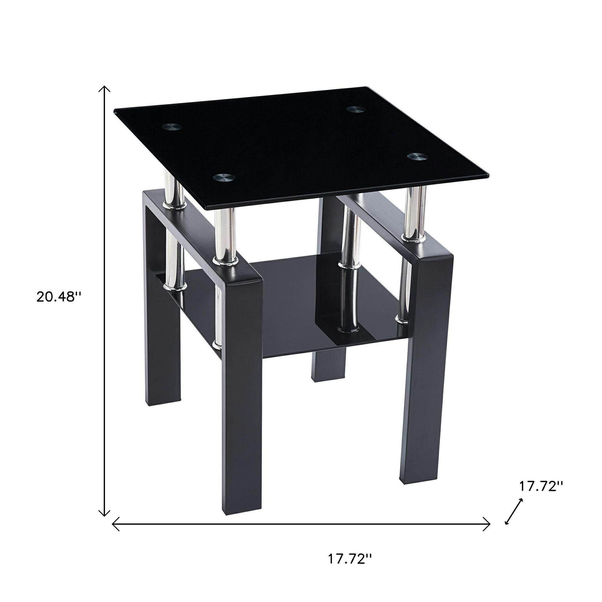 Set of Two Black Glass and Steel Square End Tables With Shelf