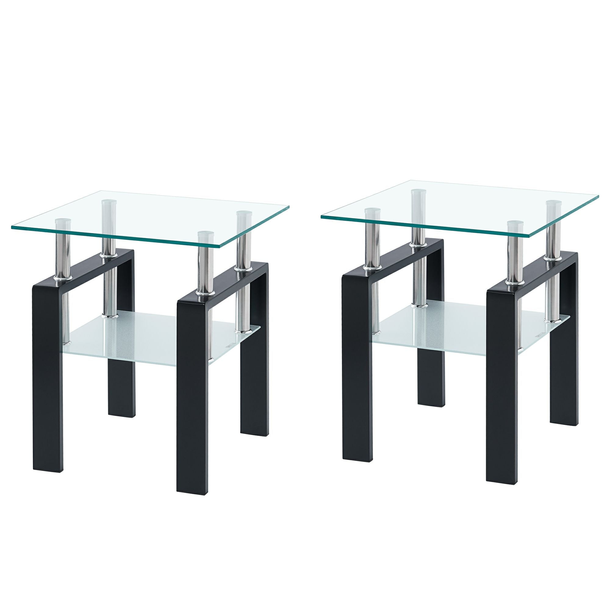 20" Clear and Black Glass and Steel Square End Tables With Shelf