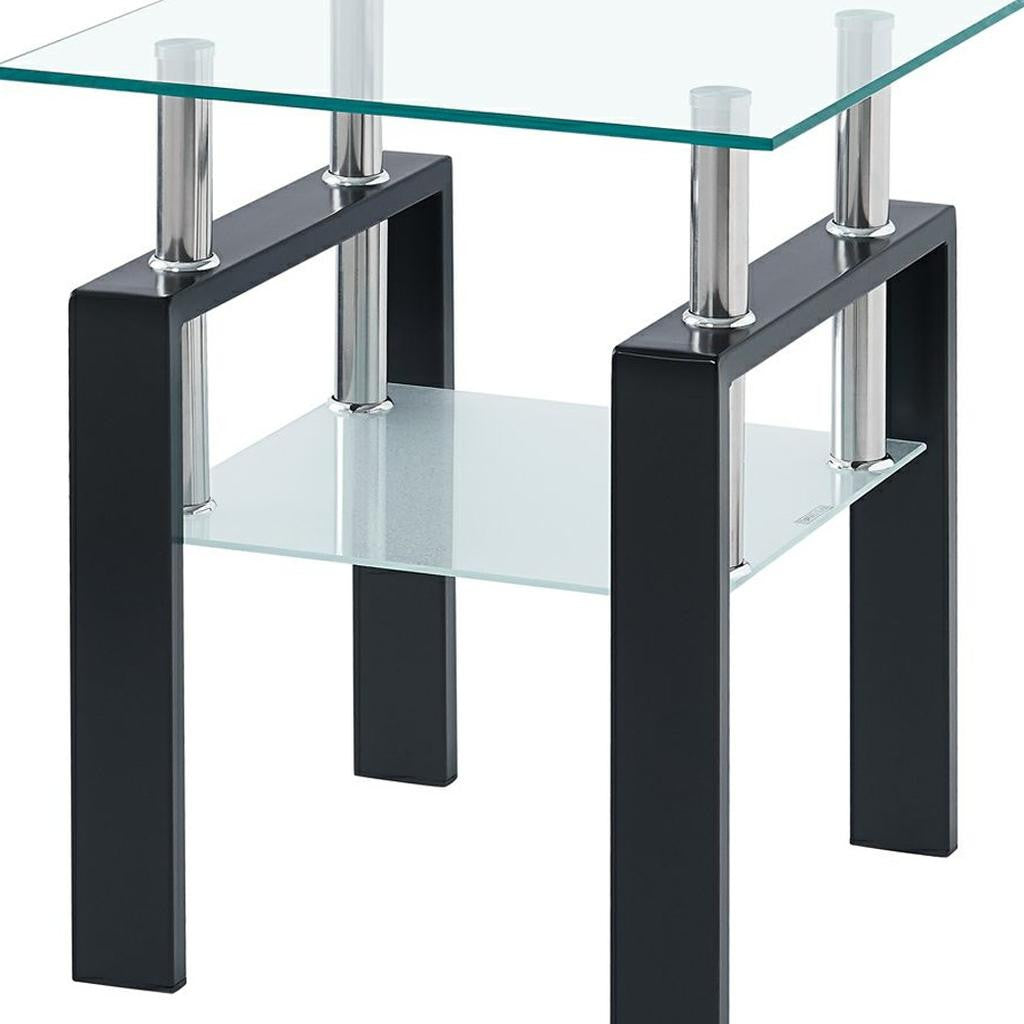 20" Clear and Black Glass and Steel Square End Tables With Shelf
