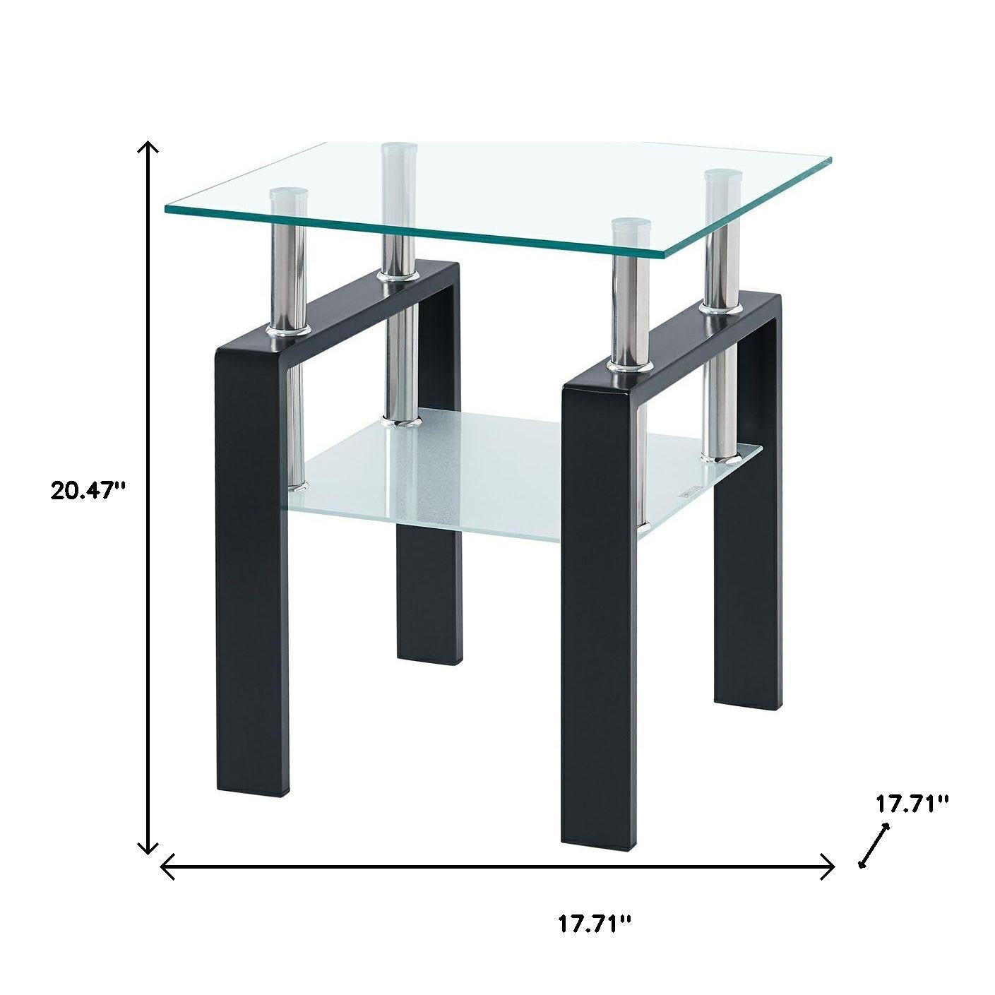 20" Clear and Black Glass and Steel Square End Tables With Shelf