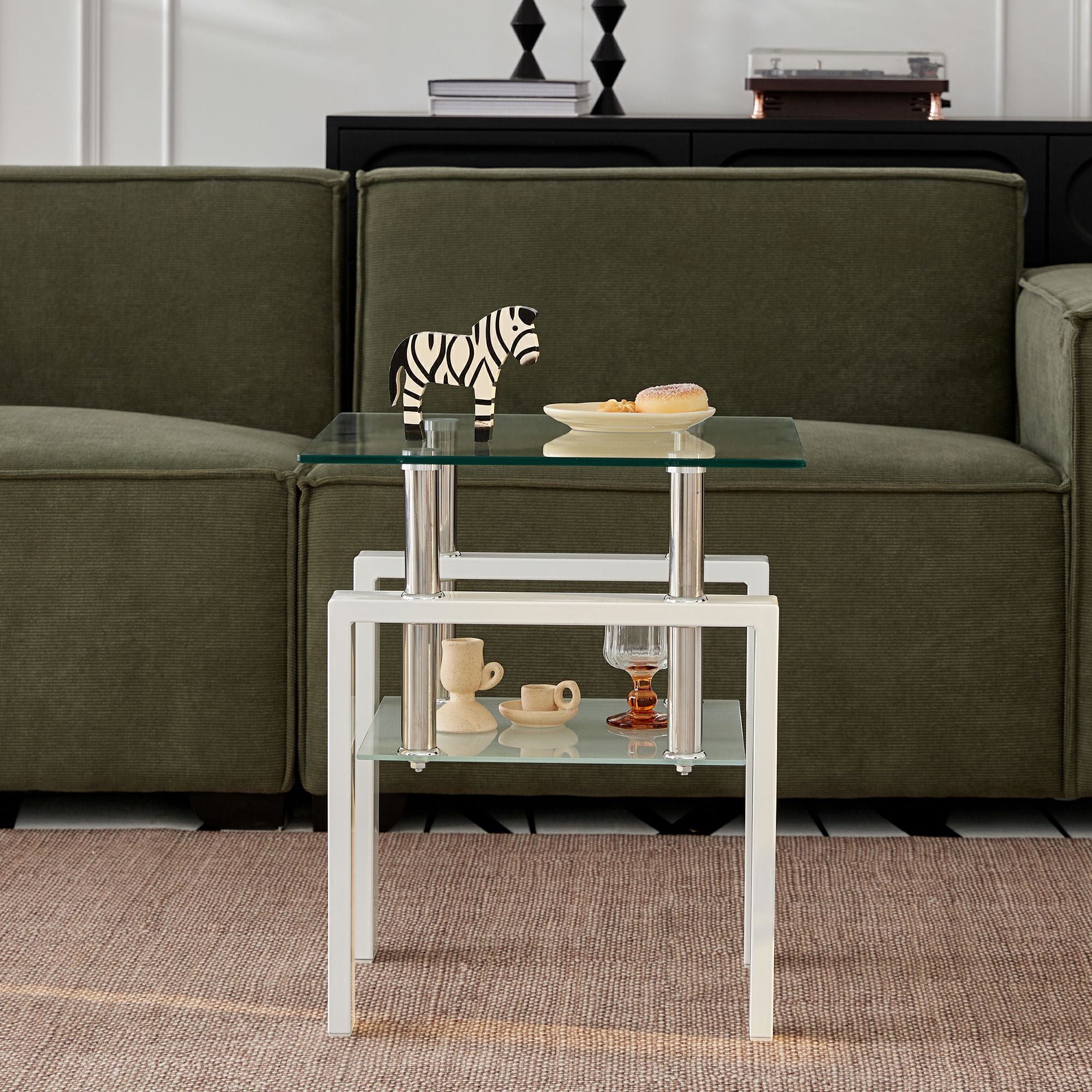 Set of Two Clear and White Glass and Metal Square End Tables With Shelf
