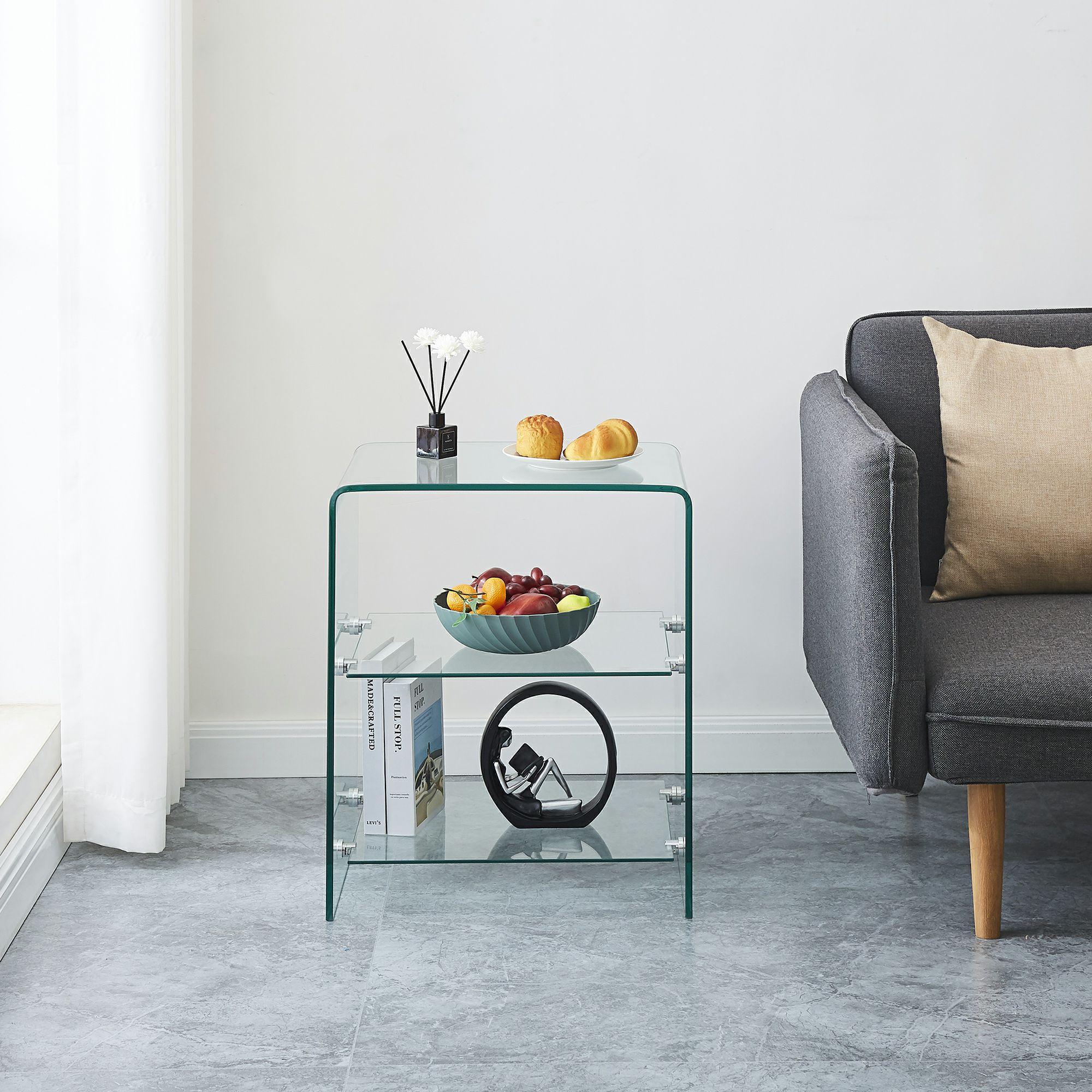 18" Clear Glass Floor Shelf End Table With Two Shelves