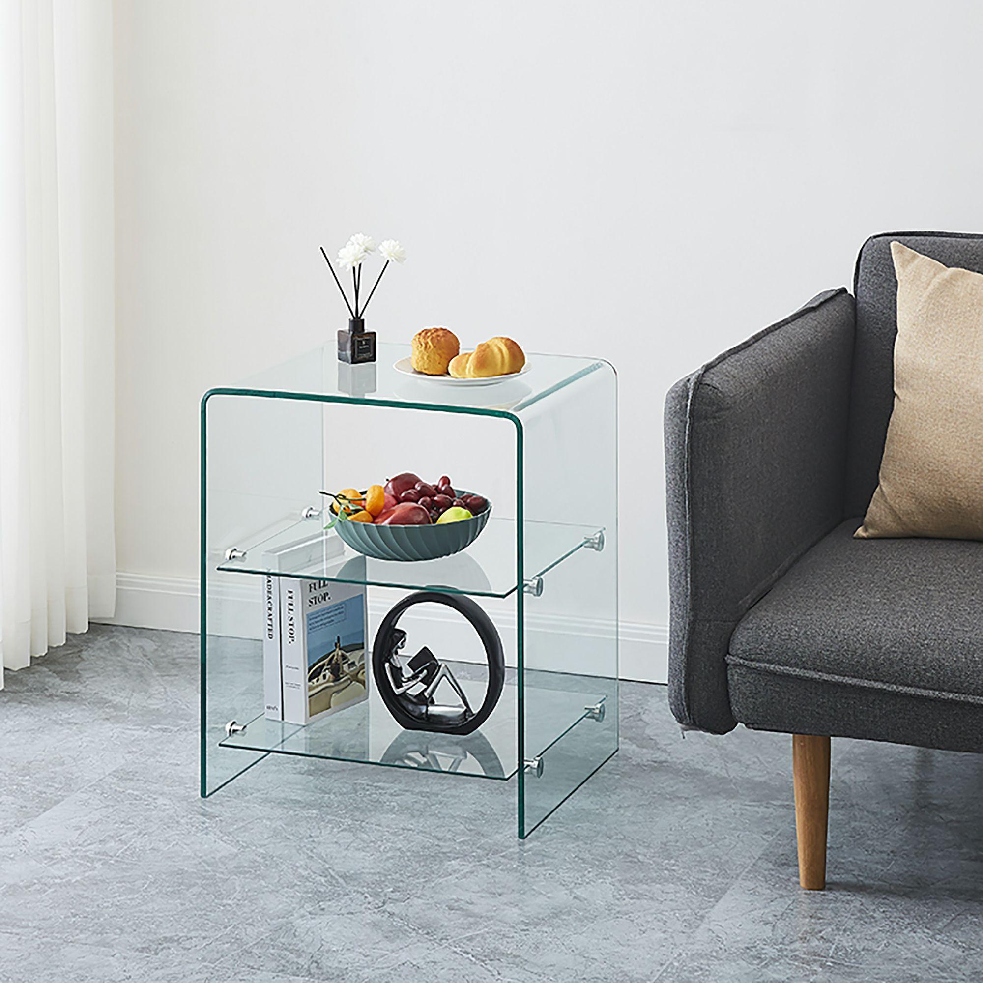 18" Clear Glass Floor Shelf End Table With Two Shelves