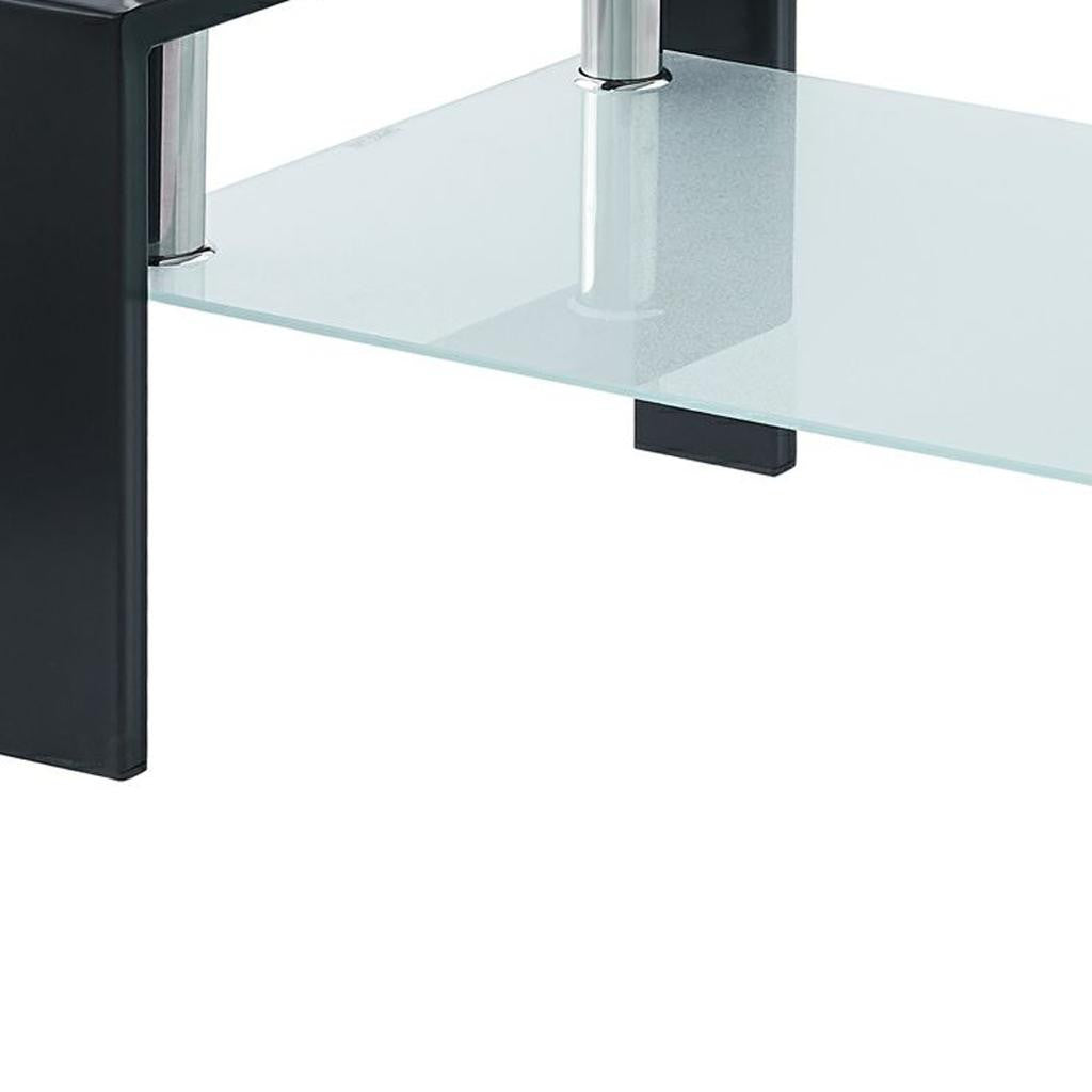 39" Clear and Black Glass and Steel Coffee Table With Shelf