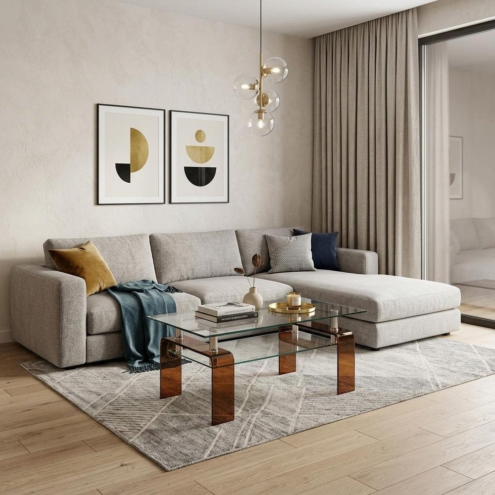 39" Clear and Brown Glass Coffee Table With Shelf