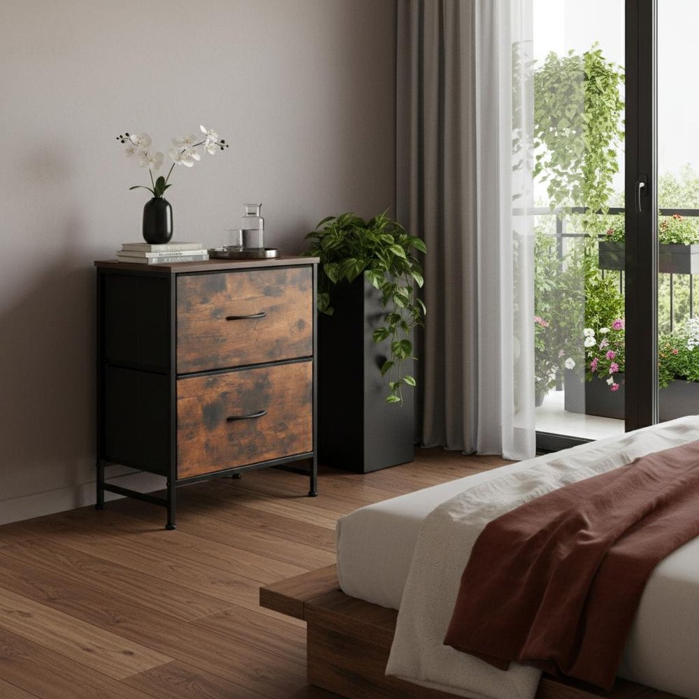 25" Black Iron and Wood Distressed Two Drawer Nightstand