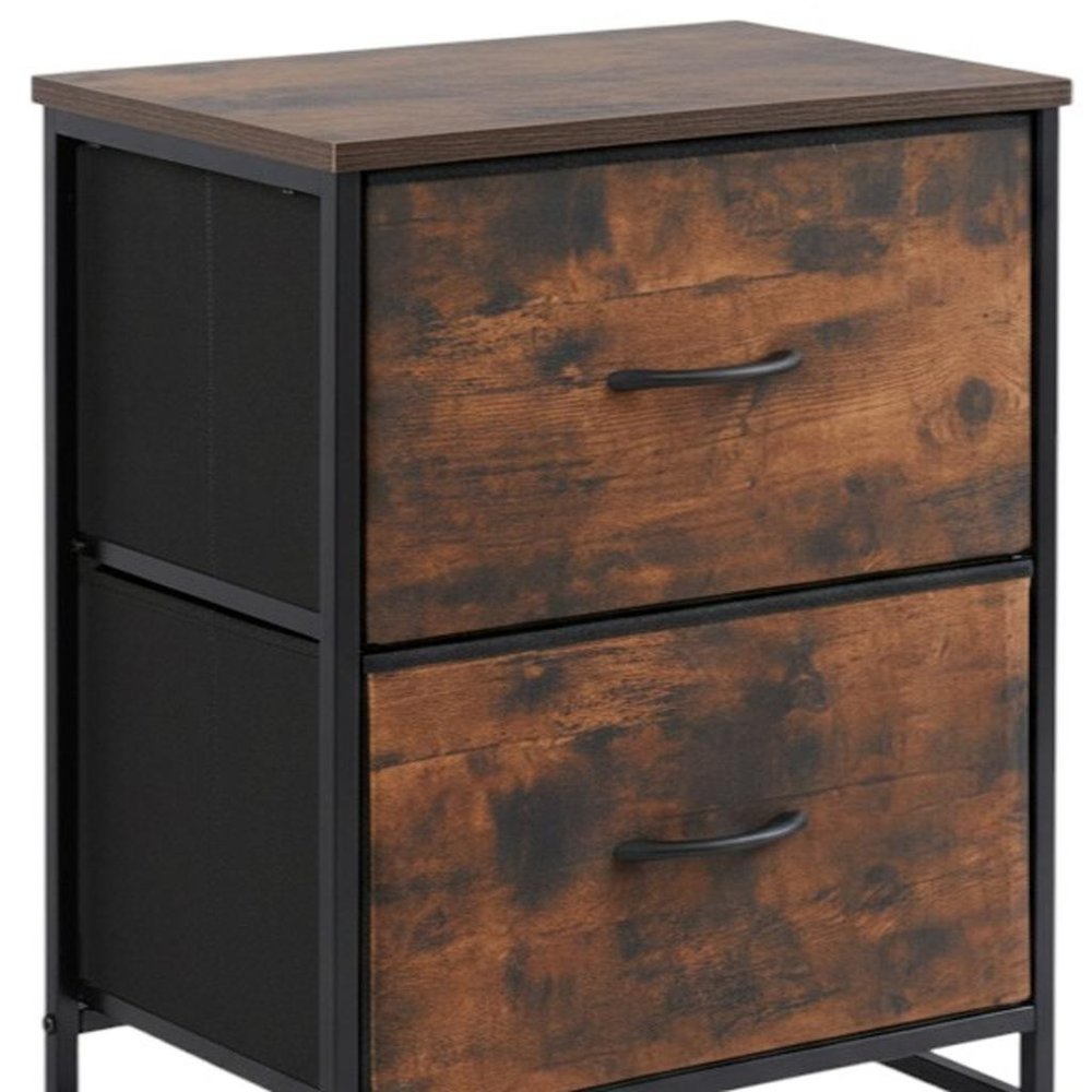 25" Black Iron and Wood Distressed Two Drawer Nightstand