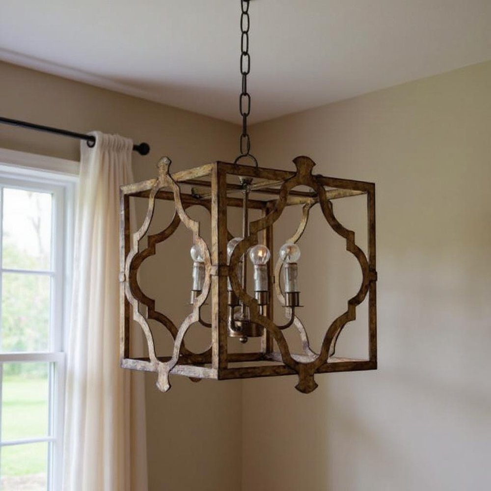 Antiqued Bronze Square And Quatrefoil Metal Dimmable Chandelier