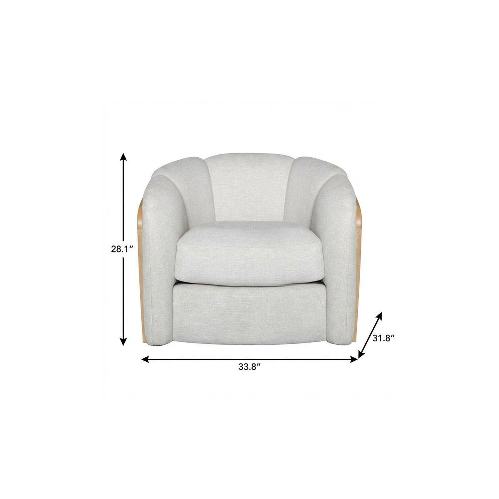 34" Off White and Natural Fabric Wood And Rattan Swivel Arm Chair