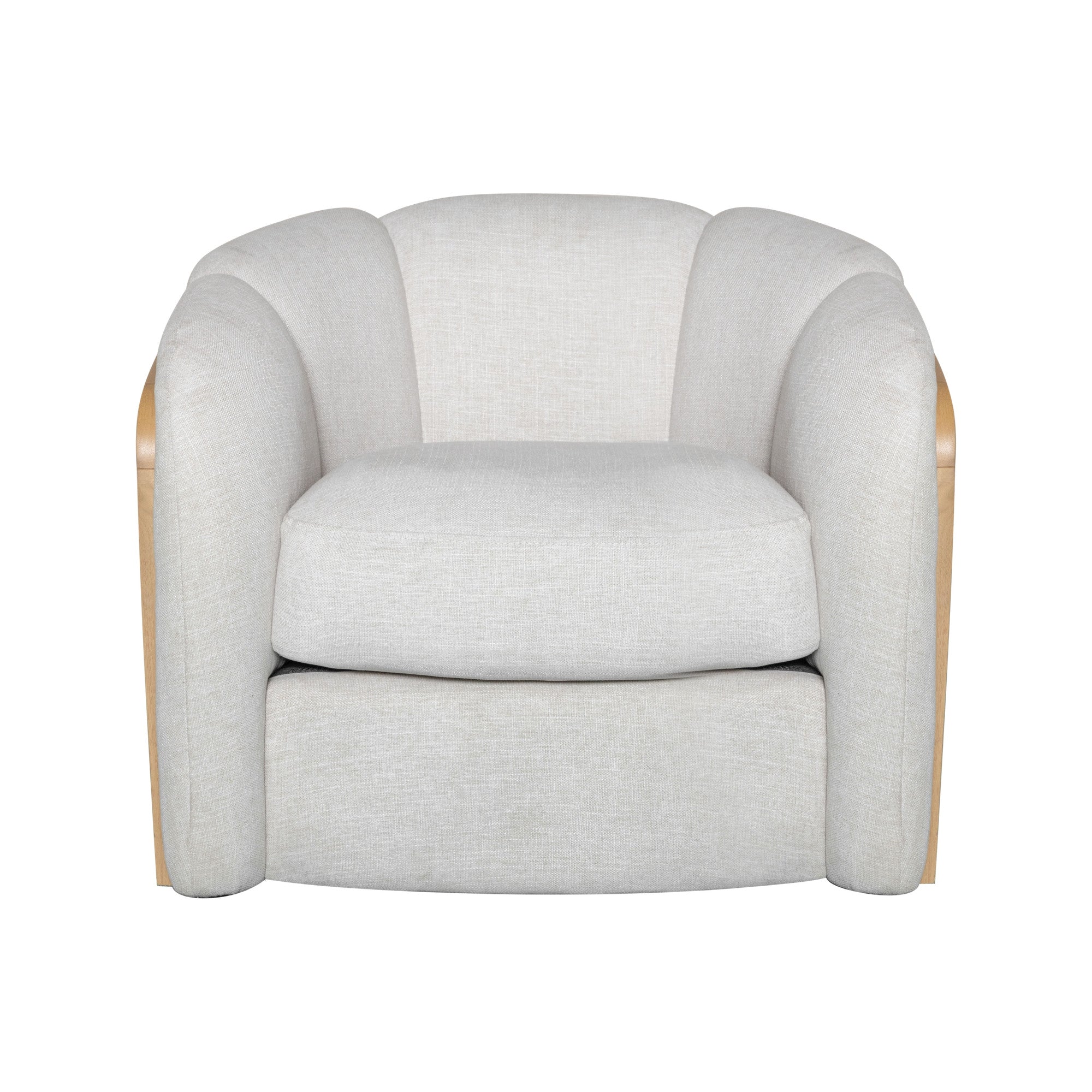 34" Off White and Natural Fabric Wood And Rattan Swivel Arm Chair