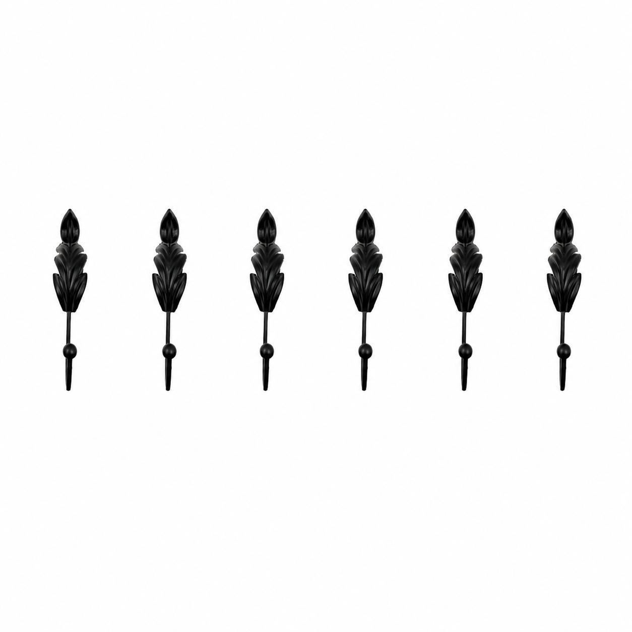 Set of Six Black Steel Feather Wall Hooks