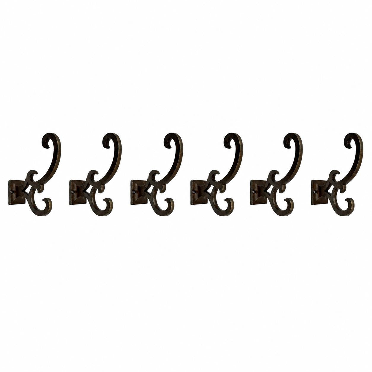 Set of Six Antiqued Bronze Cast Iron Scroll Wall Hooks
