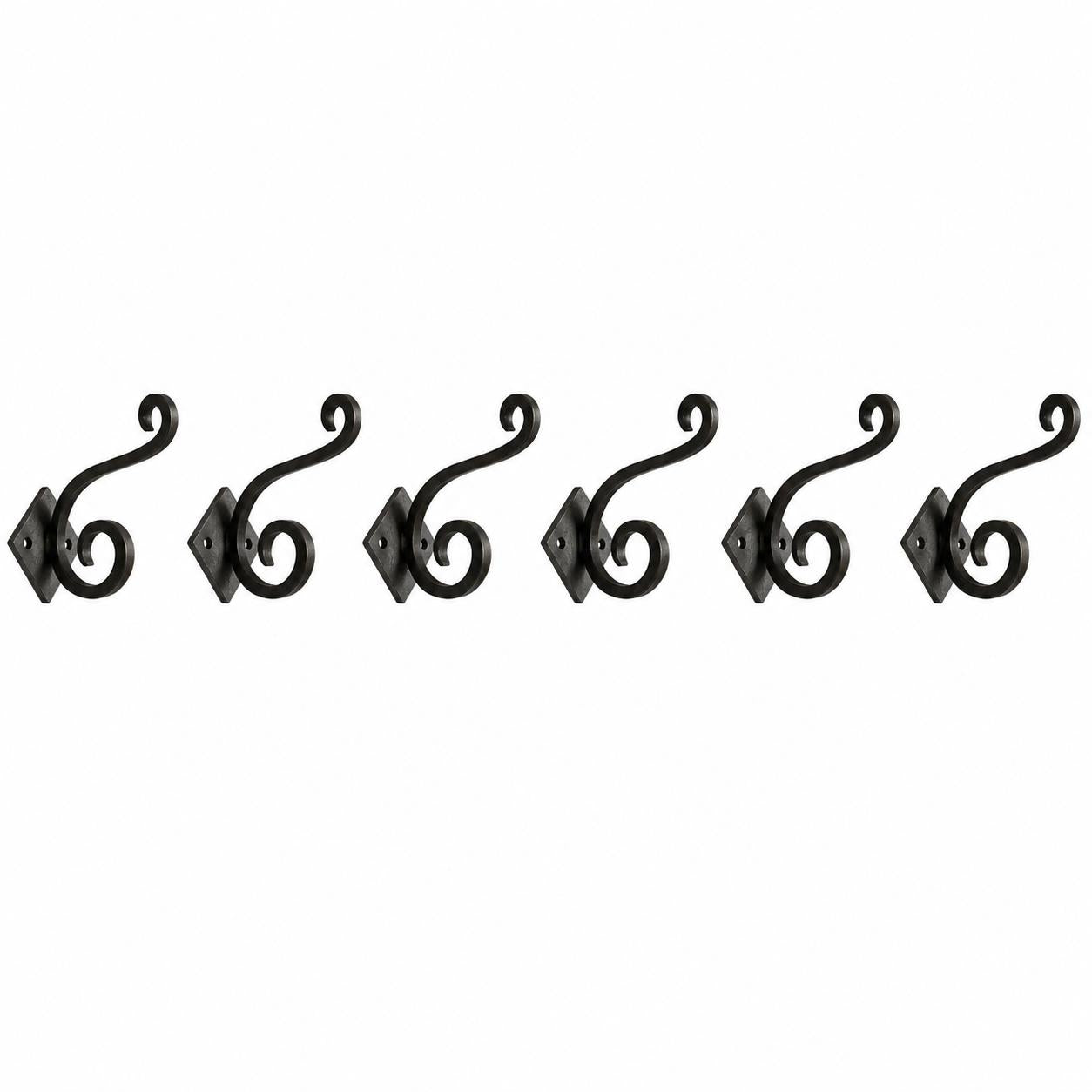 Set of Six Black Cast Iron Scroll Wall Hooks