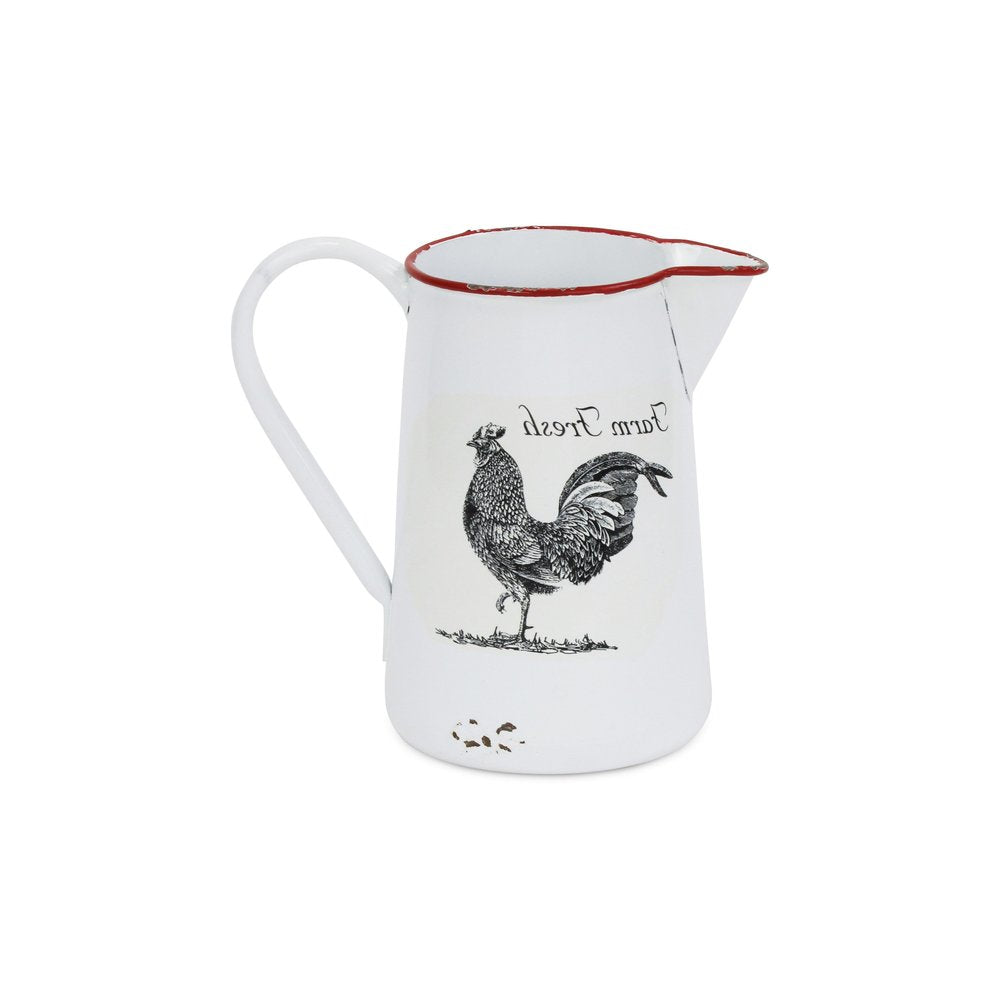 8" Black And White Metal Farm Fresh Chicken Decorative Jug