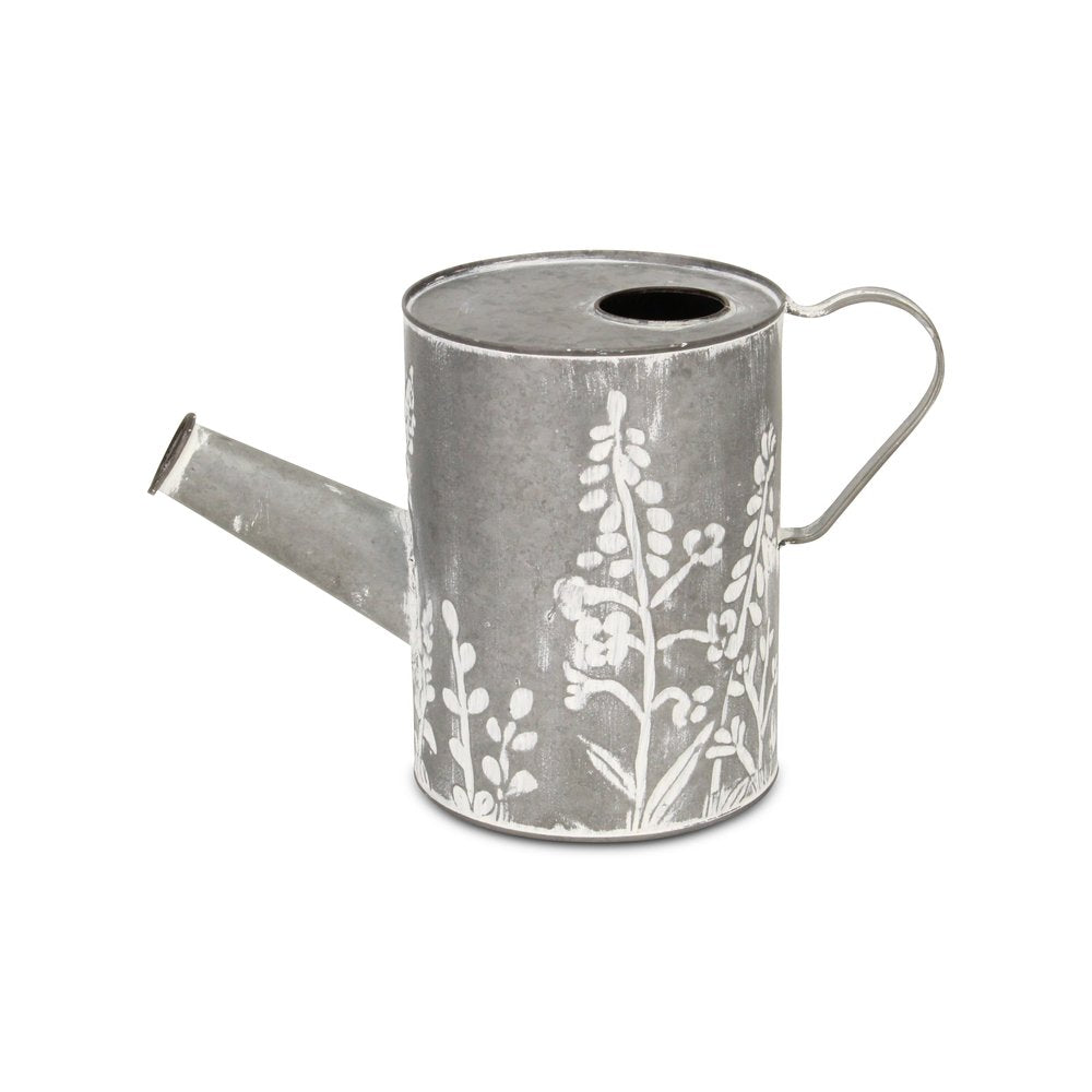 8" Gray And White Galvanized Metal Flowers Hand Painted Decorative Watering Can