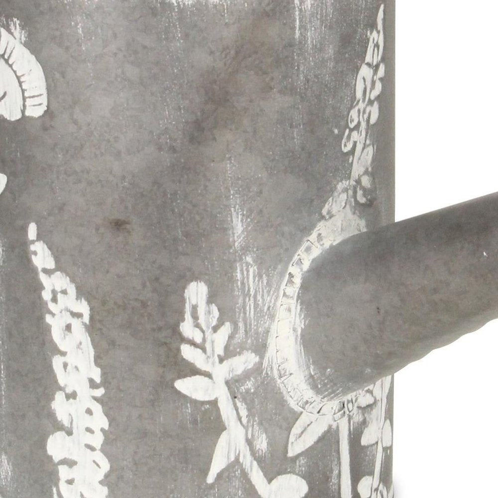 8" Gray And White Galvanized Metal Flowers Hand Painted Decorative Watering Can