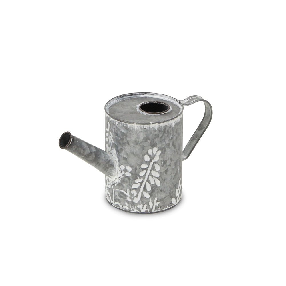 6" Gray And White Galvanized Metal Flowers Hand Painted Decorative Watering Can