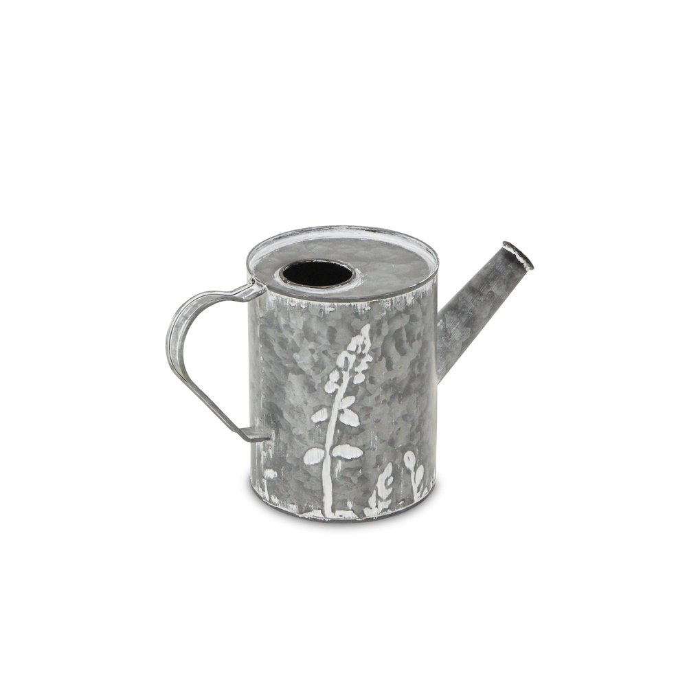 6" Gray And White Galvanized Metal Flowers Hand Painted Decorative Watering Can