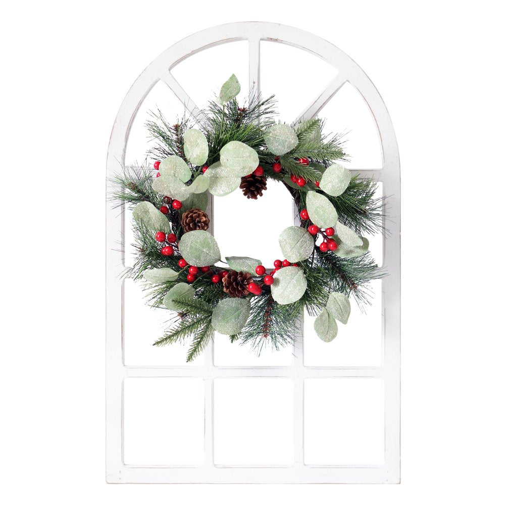 26" X 18" White Green And Red Floral Wood Hanging Wall Decor