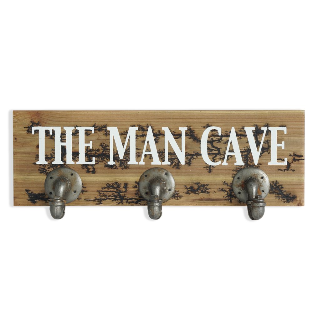 12" X 27" Natural Silver And White Man Cave Metal And Wood Wall Decor With Hooks