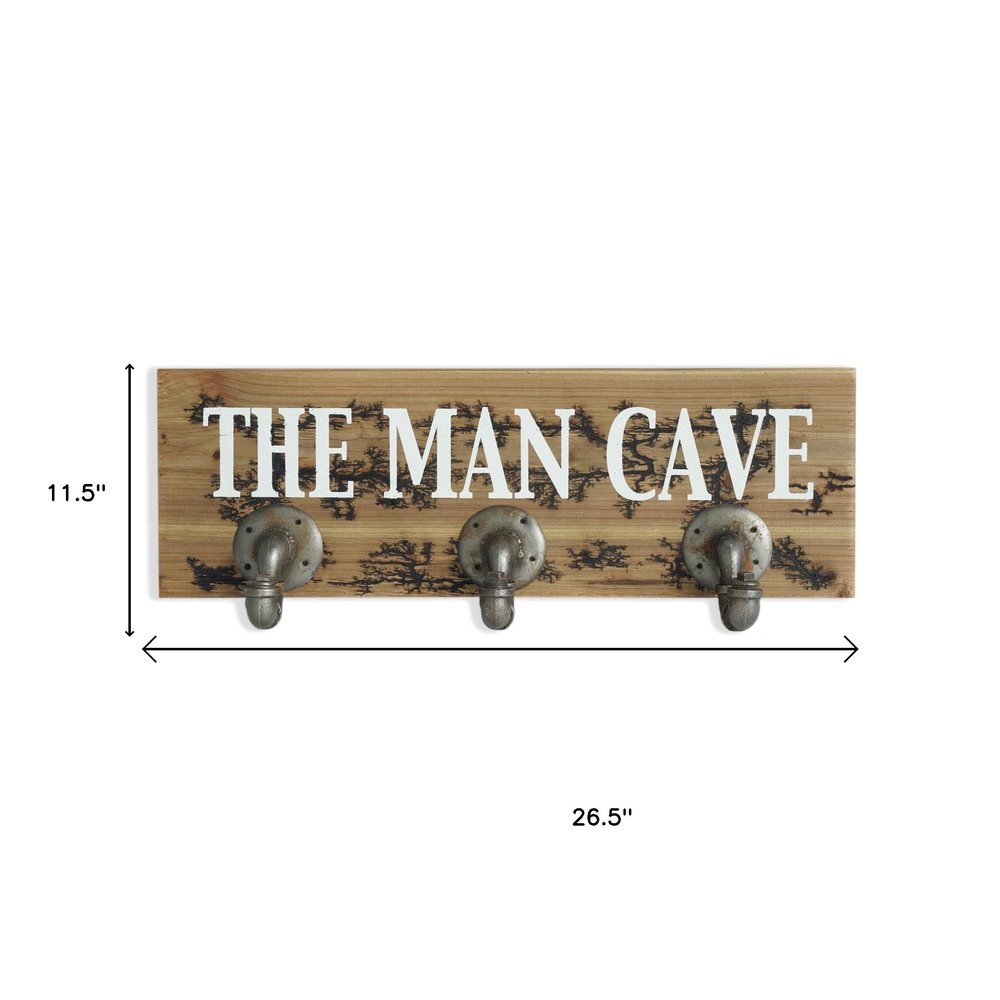12" X 27" Natural Silver And White Man Cave Metal And Wood Wall Decor With Hooks