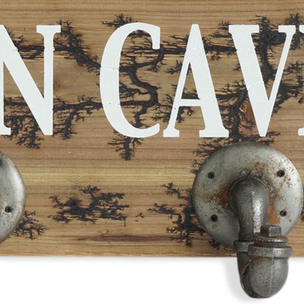 12" X 27" Natural Silver And White Man Cave Metal And Wood Wall Decor With Hooks