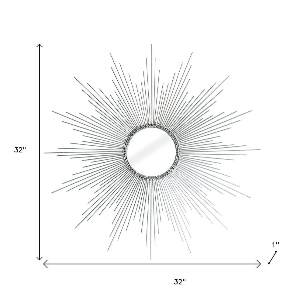 32" Silver Metal Sunburst Geometric Framed Accent Mirror