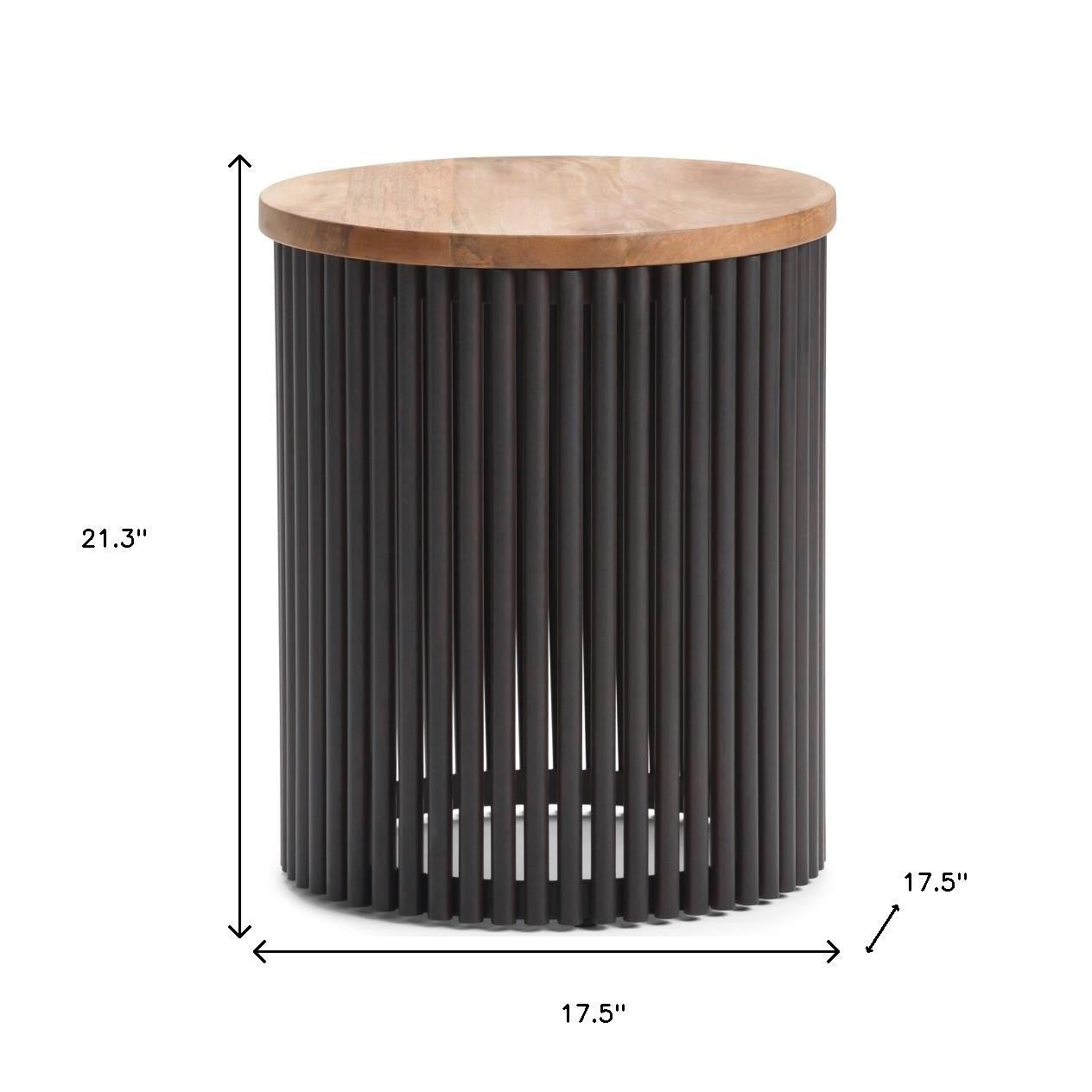 21" Natural Natural and Black Solid Wood and Iron Round Drum End Table