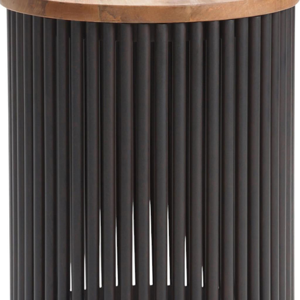 21" Natural Natural and Black Solid Wood and Iron Round Drum End Table