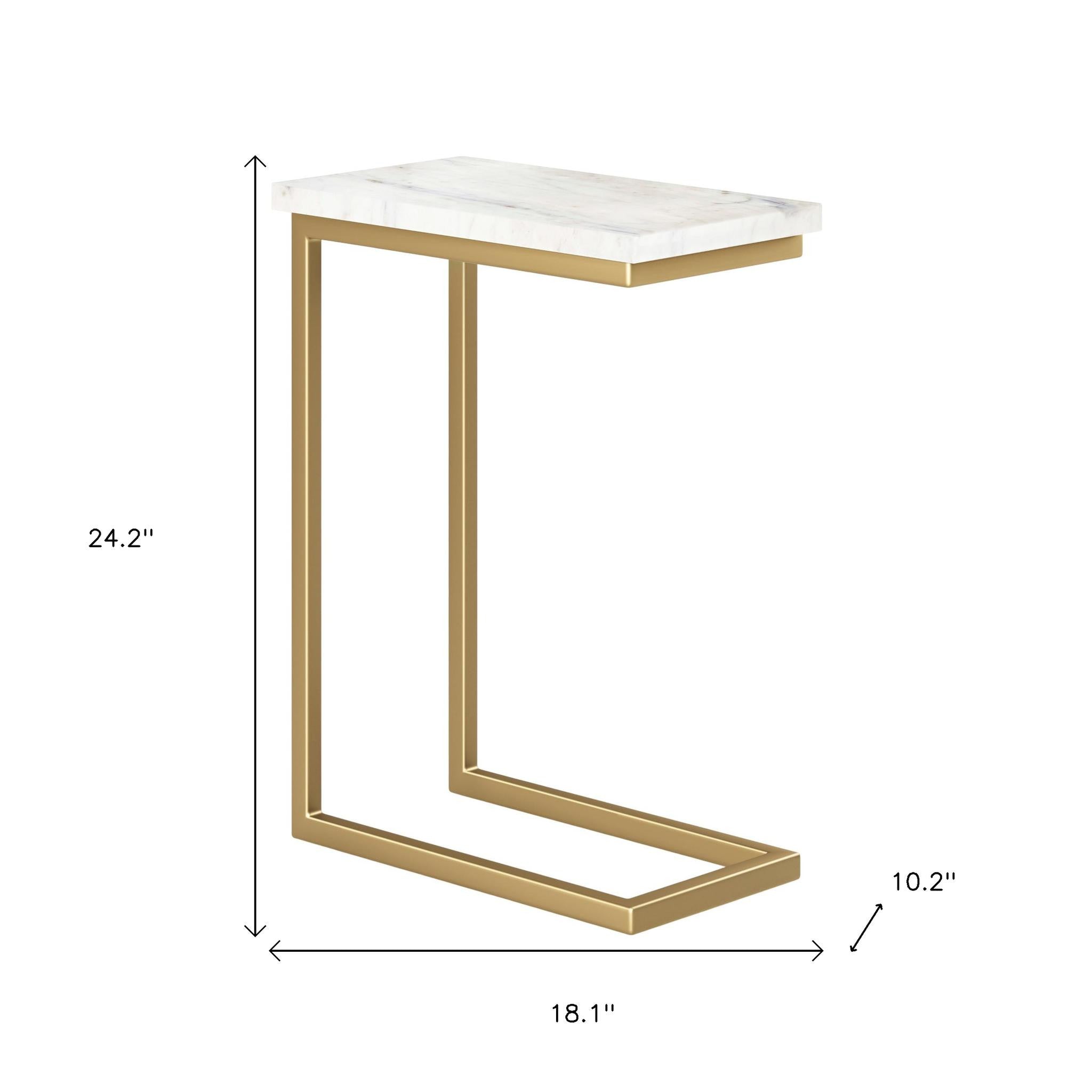 24" Glossy White and Gold Marble and Iron End Table
