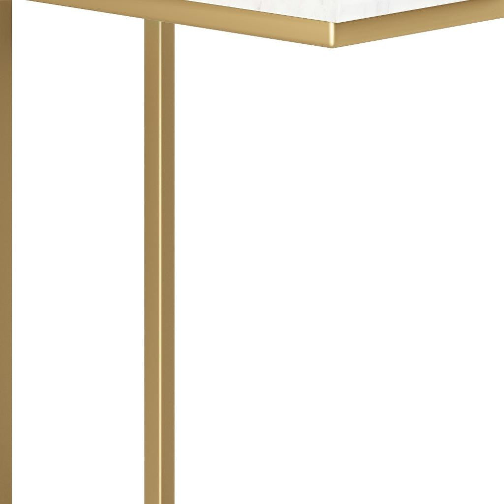 24" Glossy White and Gold Marble and Iron End Table