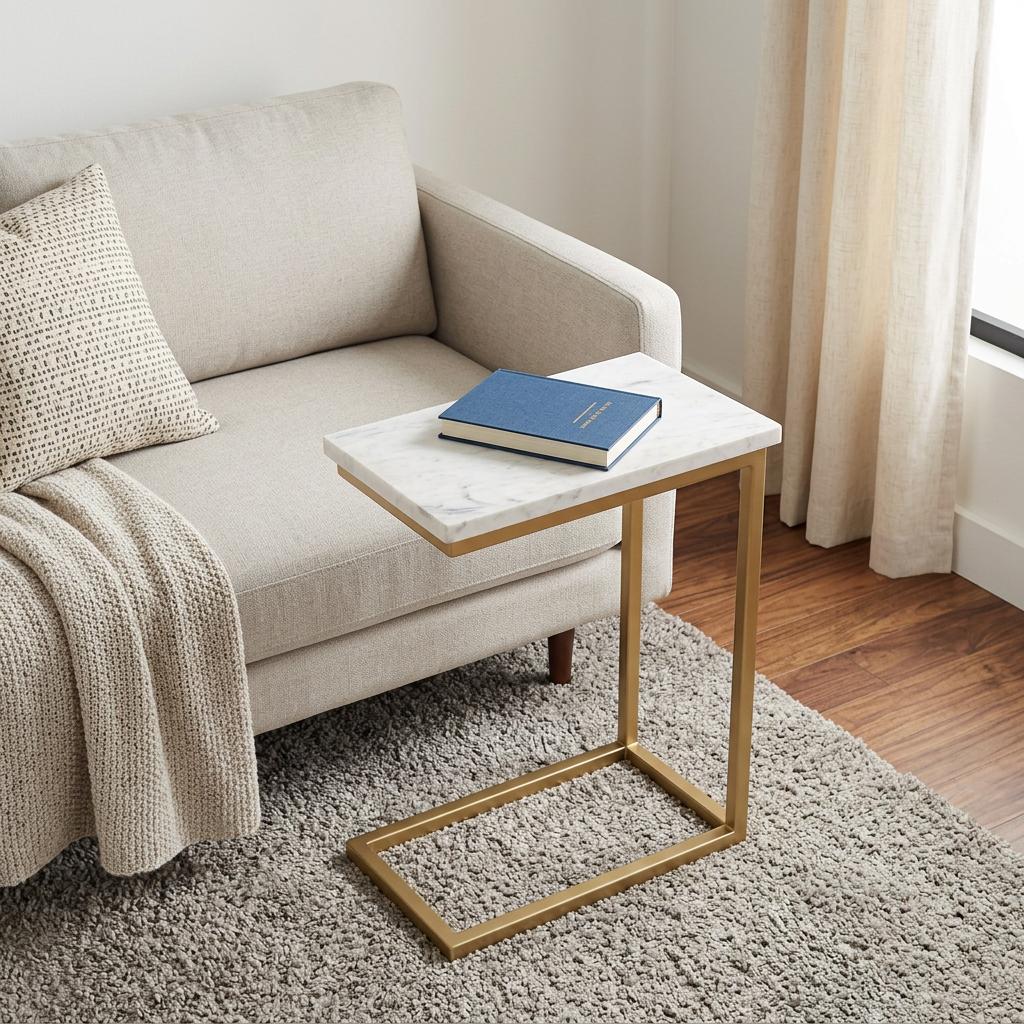 24" Glossy White and Gold Marble and Iron End Table