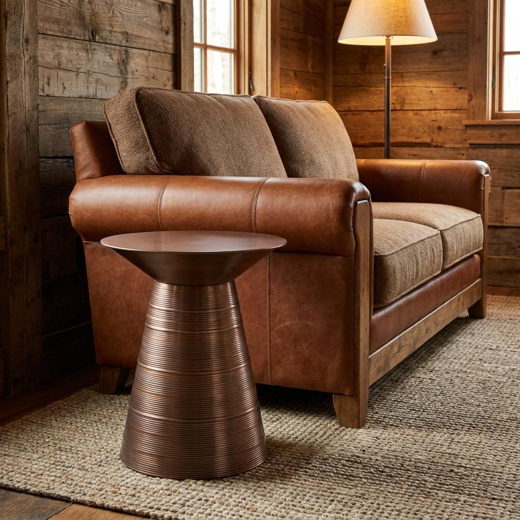 20" Textured Copper Distressed Iron Round Pedestal End Table