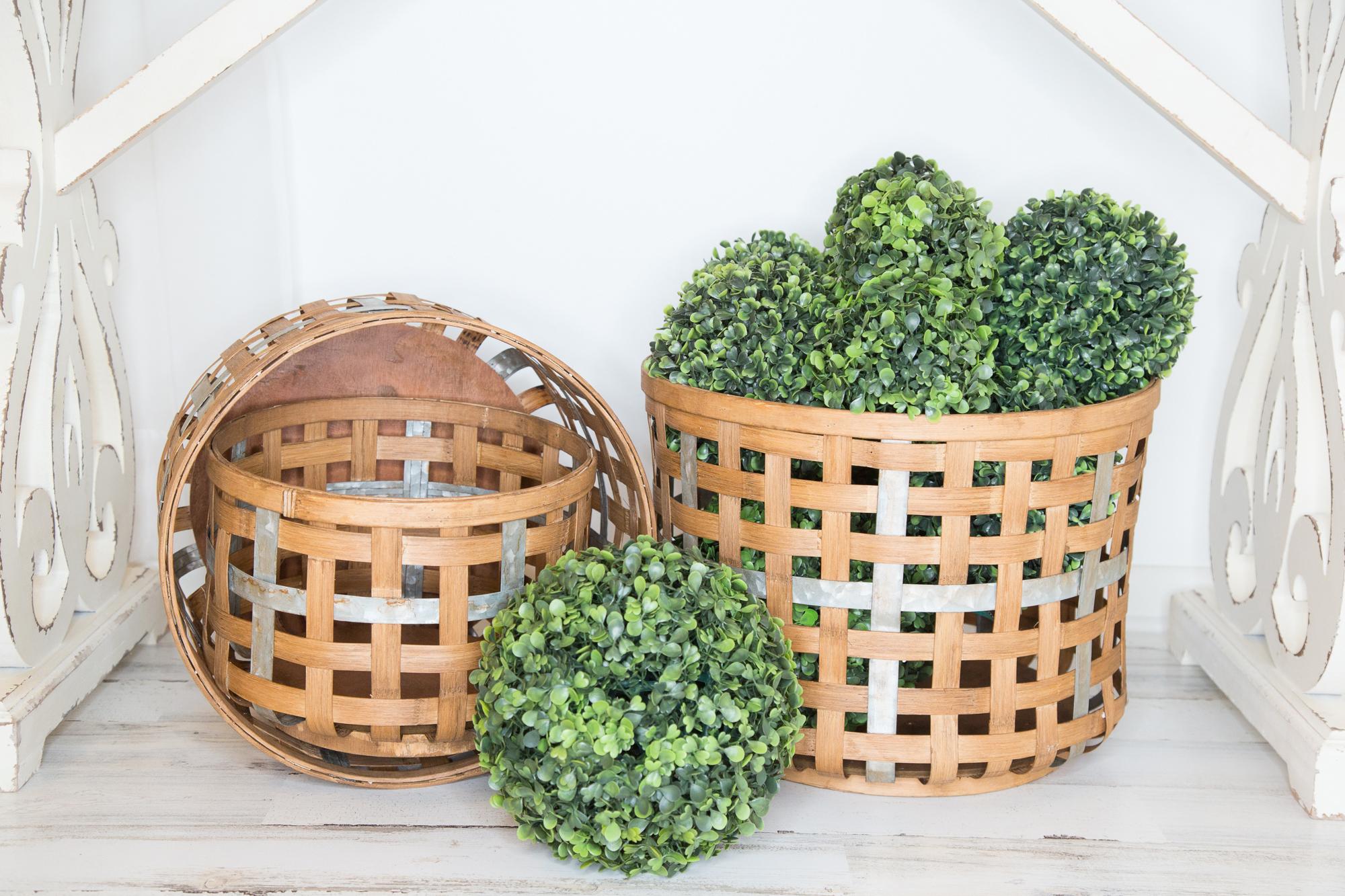 Set of Three Natural Wicker And Galvanized Metal Woven Baskets