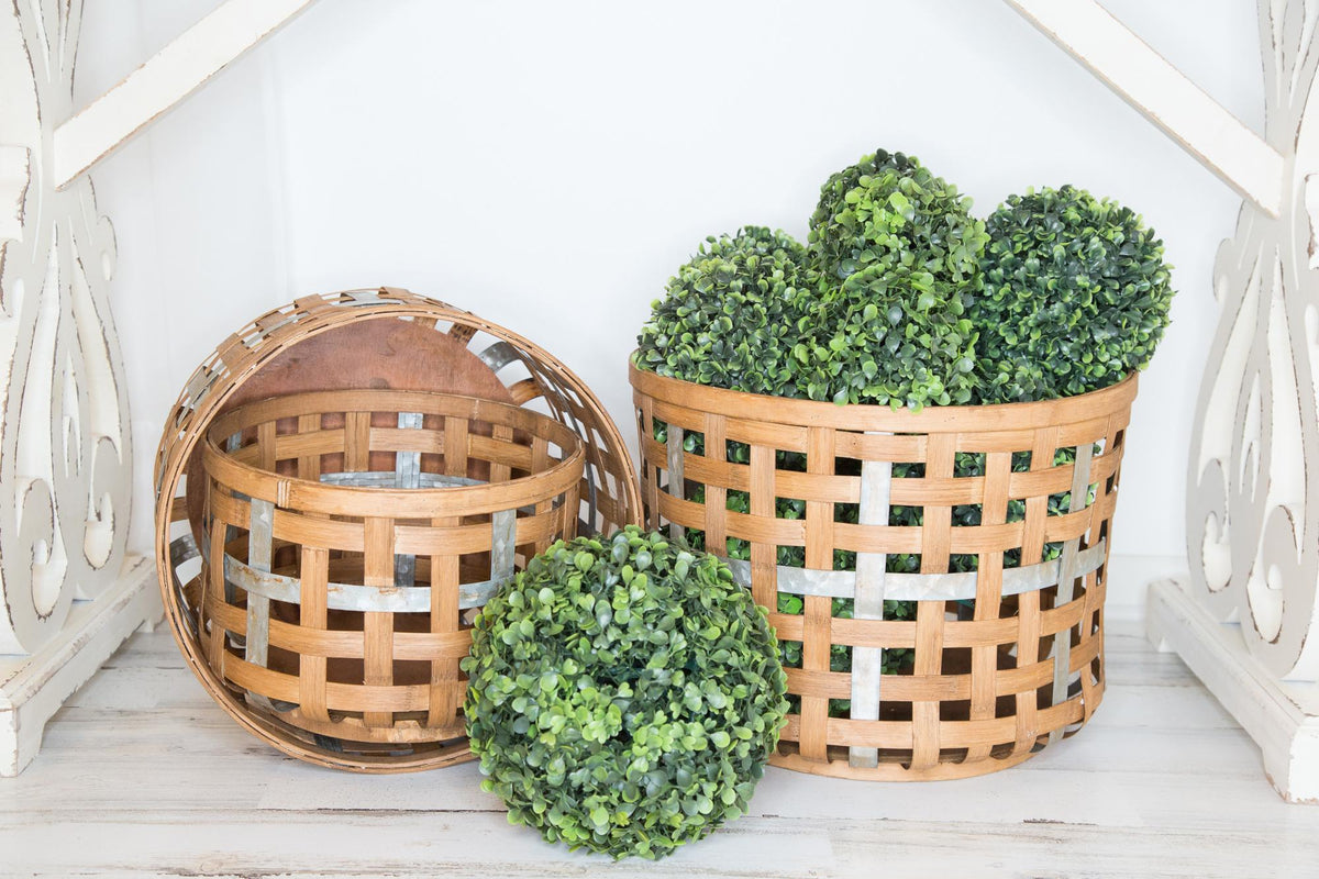 Set of Three Natural Wicker And Galvanized Metal Woven Baskets