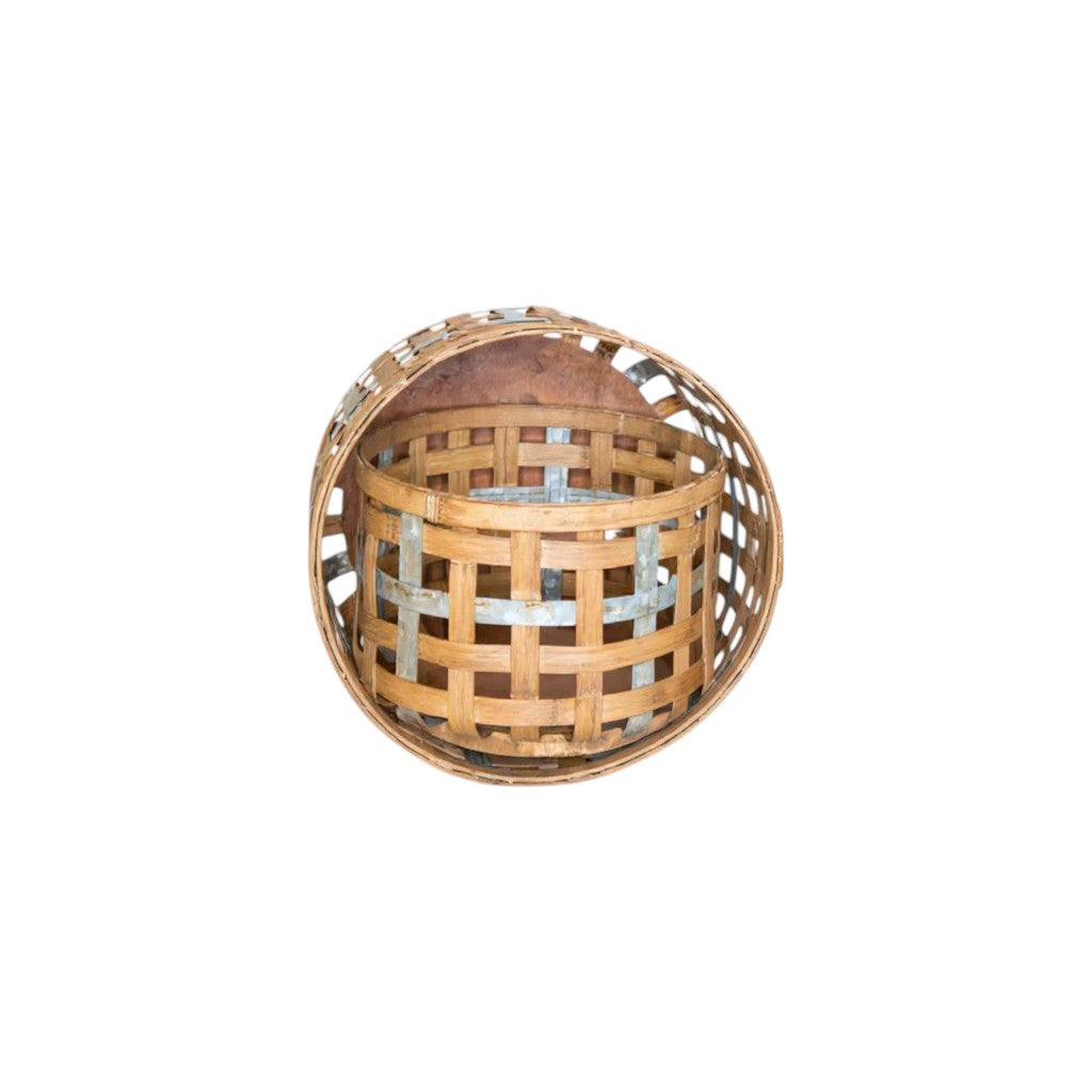 Set of Three Natural Wicker And Galvanized Metal Woven Baskets