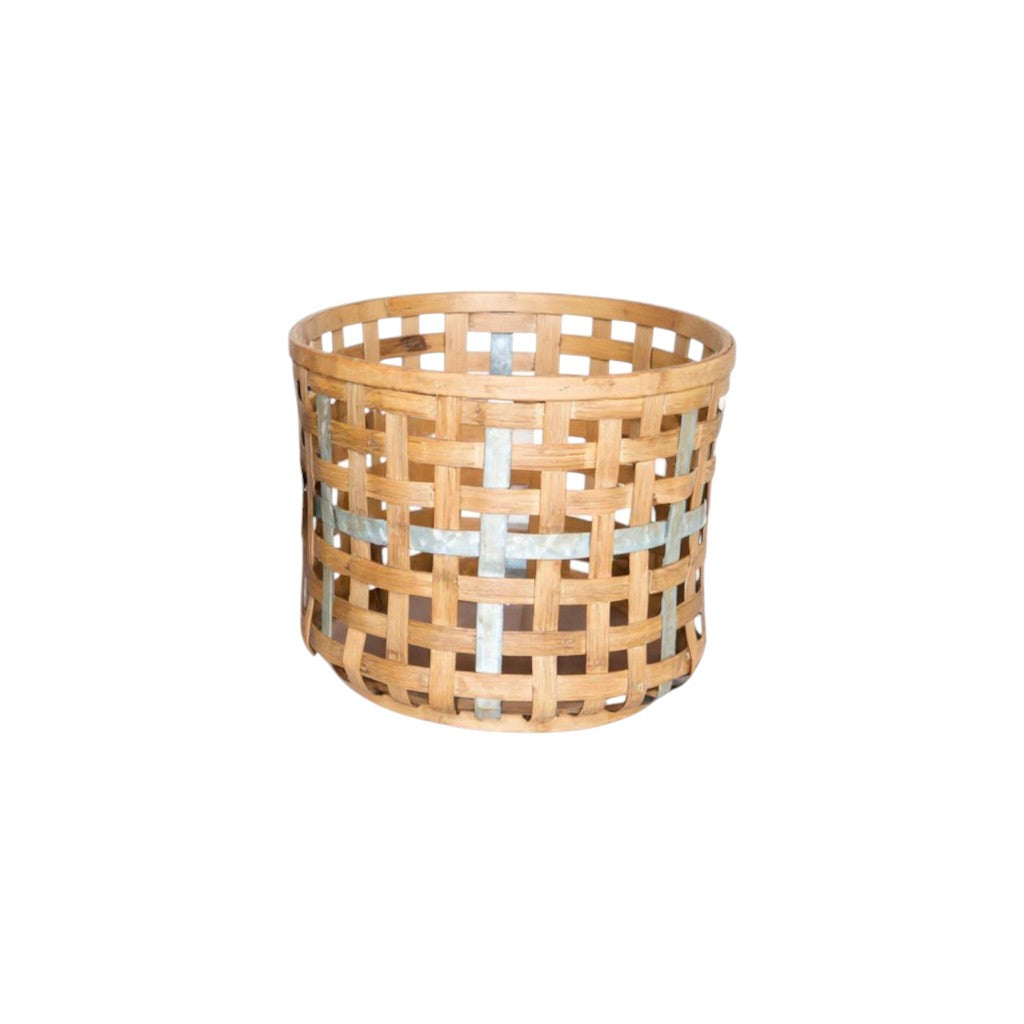 Set of Three Natural Wicker And Galvanized Metal Woven Baskets