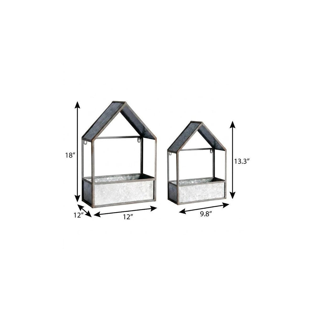 Set of Two Gray Galvanized Metal Novelty House Shaped Hanging Planters