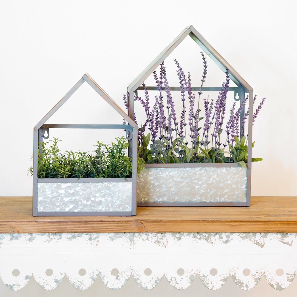 Set of Two Gray Galvanized Metal Novelty House Shaped Hanging Planters
