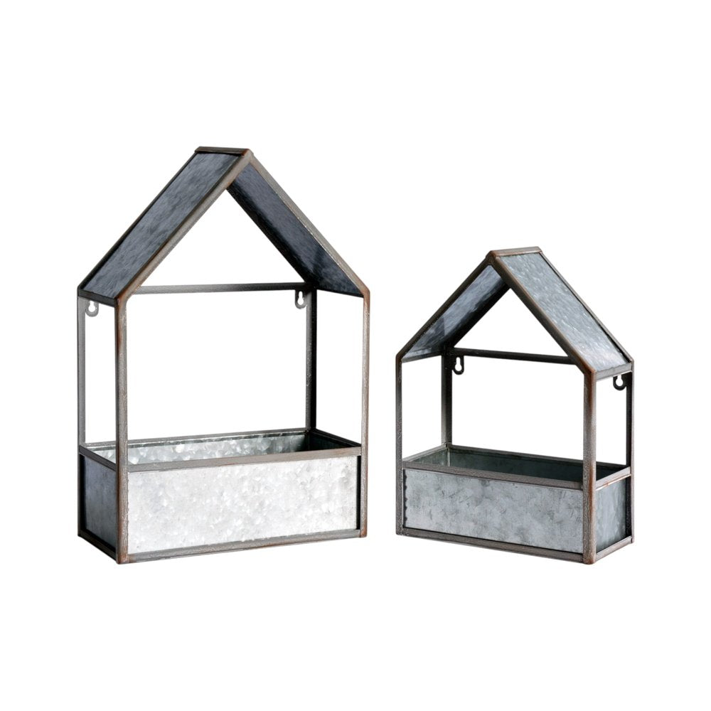 Set of Two Gray Galvanized Metal Novelty House Shaped Hanging Planters
