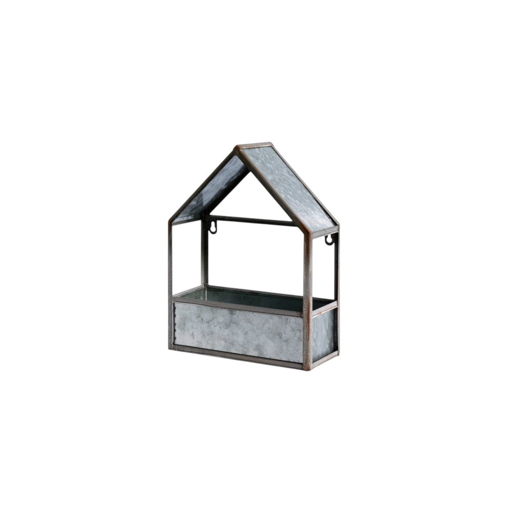 Set of Two Gray Galvanized Metal Novelty House Shaped Hanging Planters