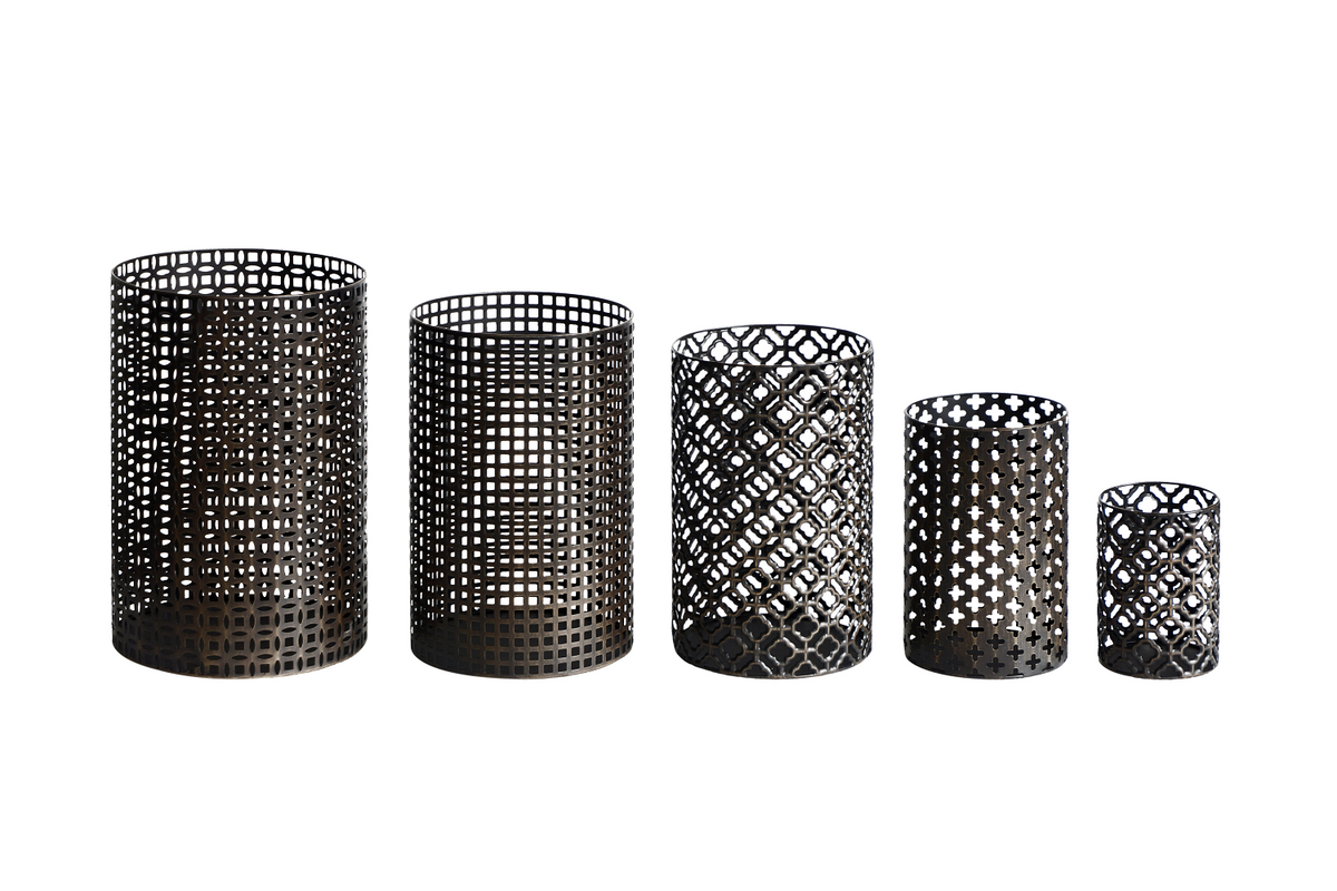 Set of Five Dark Brown Pierced Geometric Metal Tabletop Hurricane Candle Holders