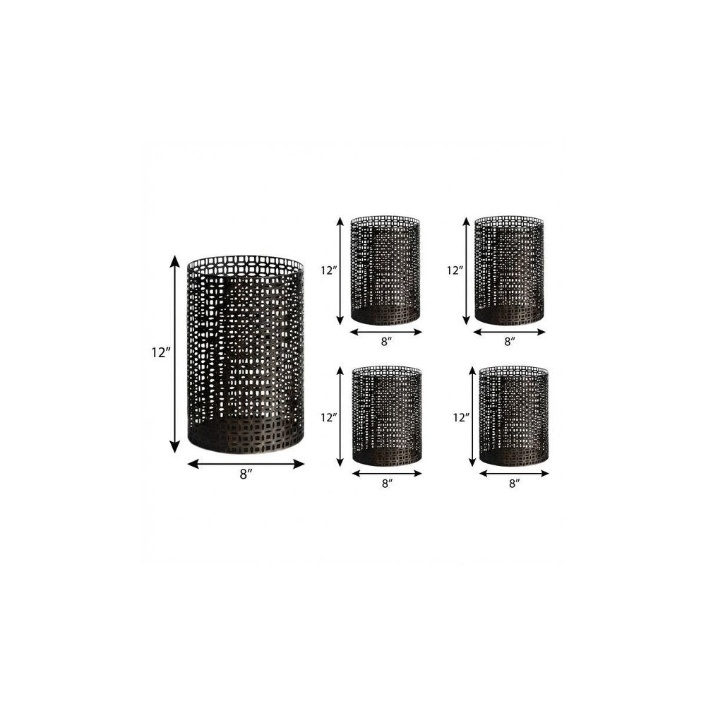 Set of Five Dark Brown Pierced Geometric Metal Tabletop Hurricane Candle Holders