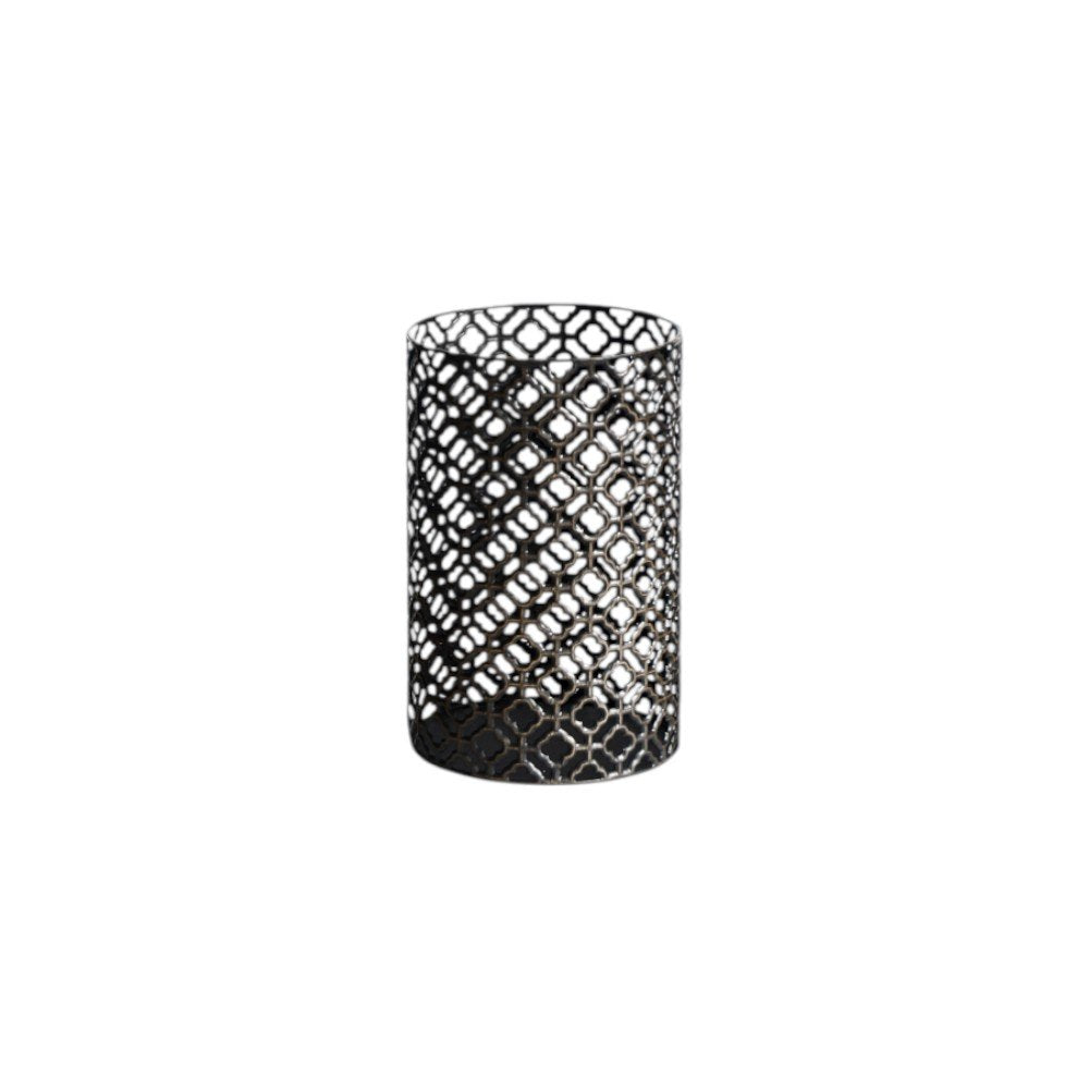 Set of Five Dark Brown Pierced Geometric Metal Tabletop Hurricane Candle Holders