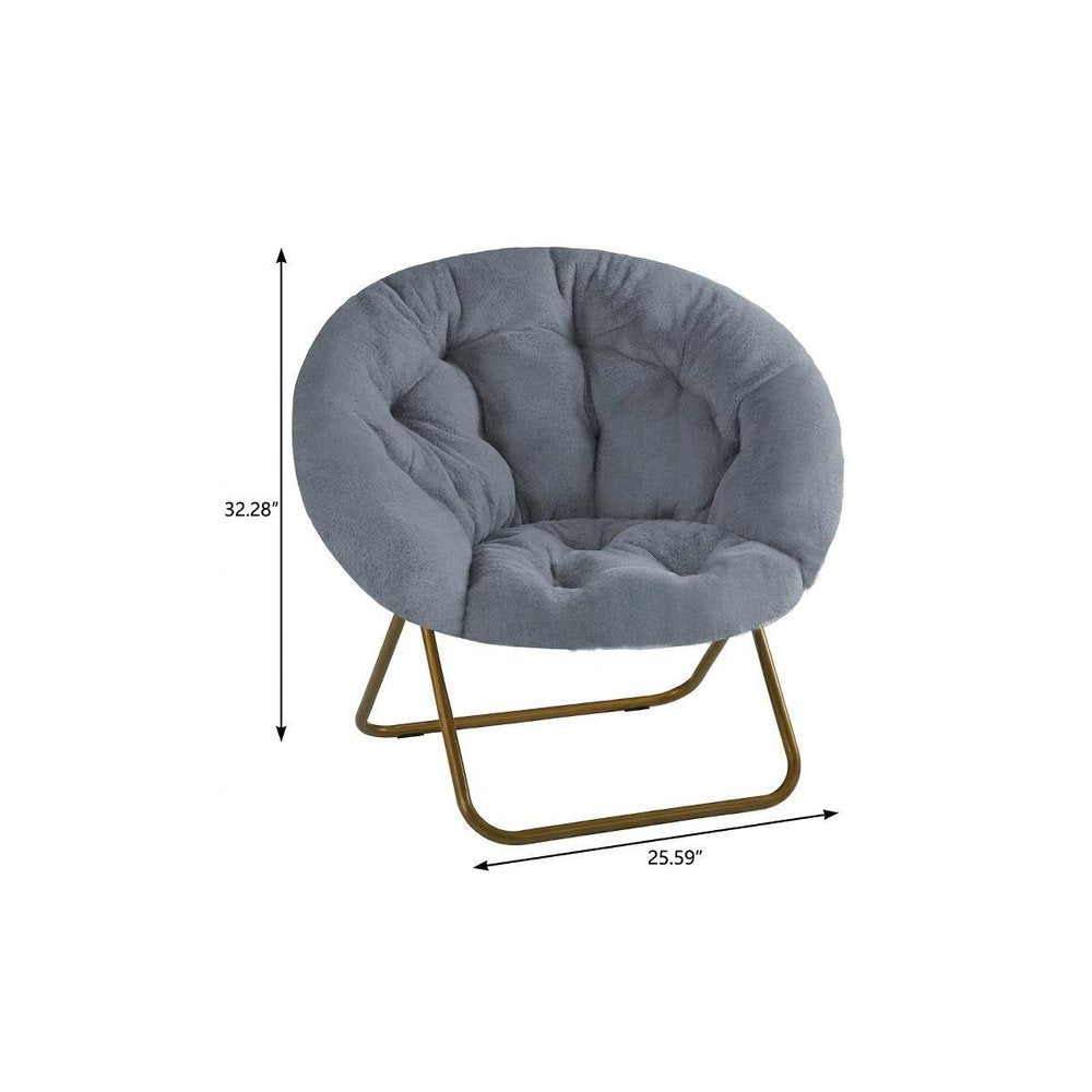 26" Gray and Bronze Tufted Faux Fur and Metal Folding Lounge Chair