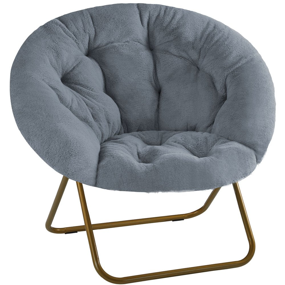 26" Gray and Bronze Tufted Faux Fur and Metal Folding Lounge Chair