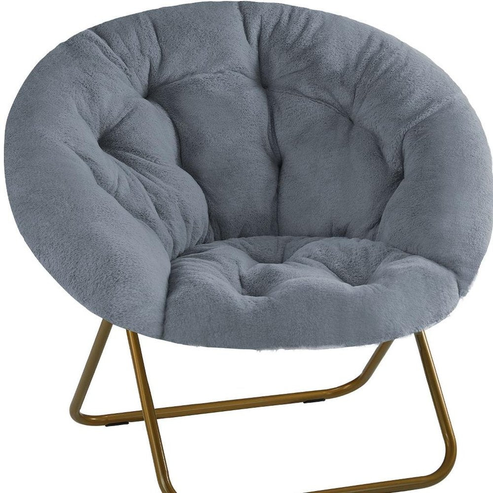 26" Gray and Bronze Tufted Faux Fur and Metal Folding Lounge Chair