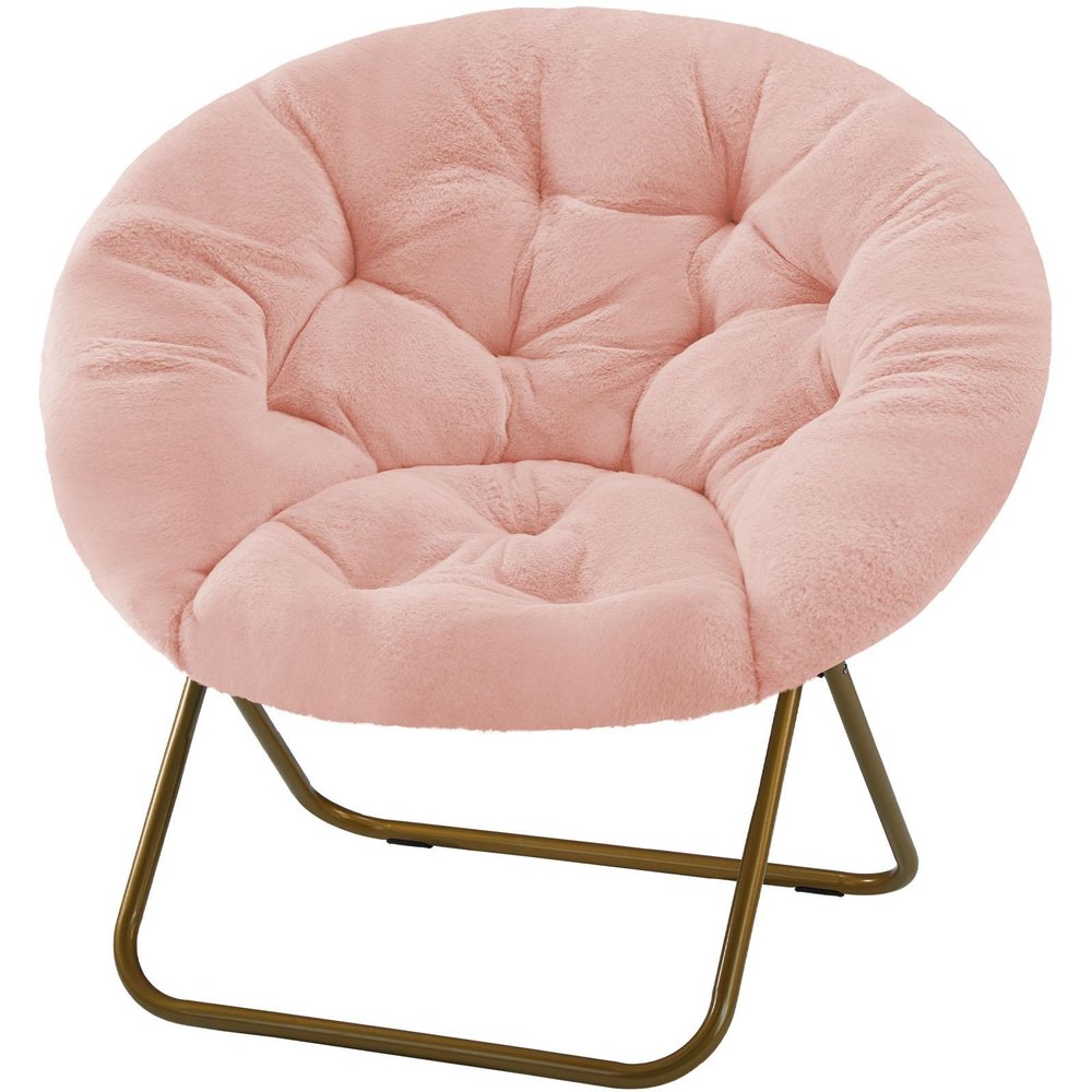 26" Pink and Bronze Tufted Faux Fur and Metal Folding Lounge Chair