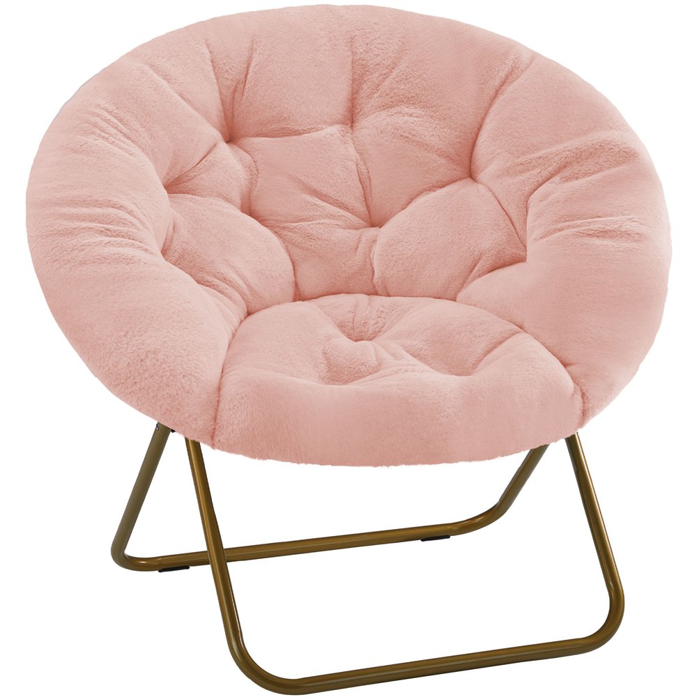 26" Pink and Bronze Tufted Faux Fur and Metal Folding Lounge Chair